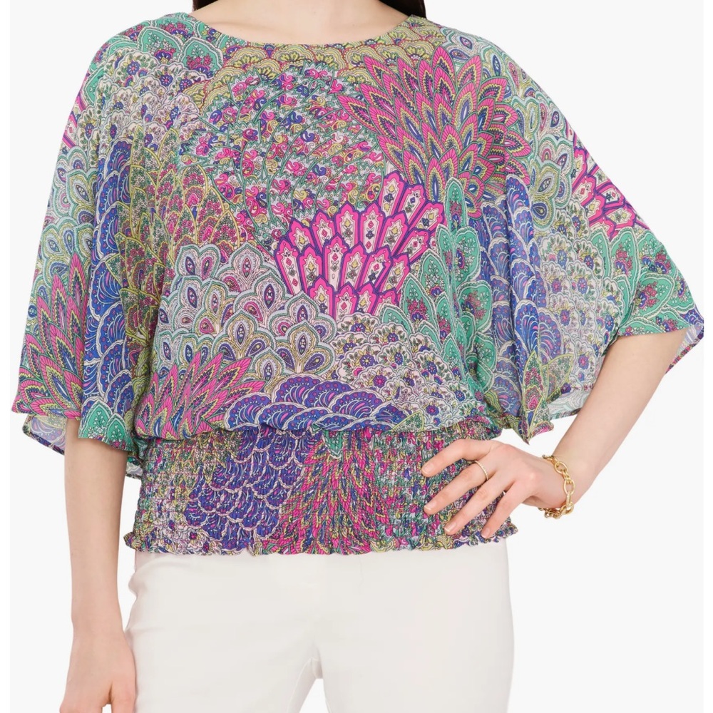Chaus Dolman Sleeve Smocked Blouse In Lime/Fuchsia/Multi Women’s Size M